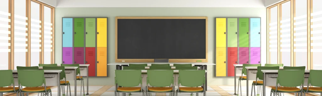 ideas for teaching blind students. View of classroom from the back with perfect straight rows of desks and the from t teacher desk and white board. 