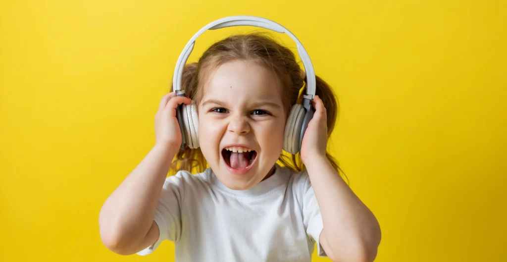 Learning Media Assessment. A young girl excitedly listens to her headphones.
